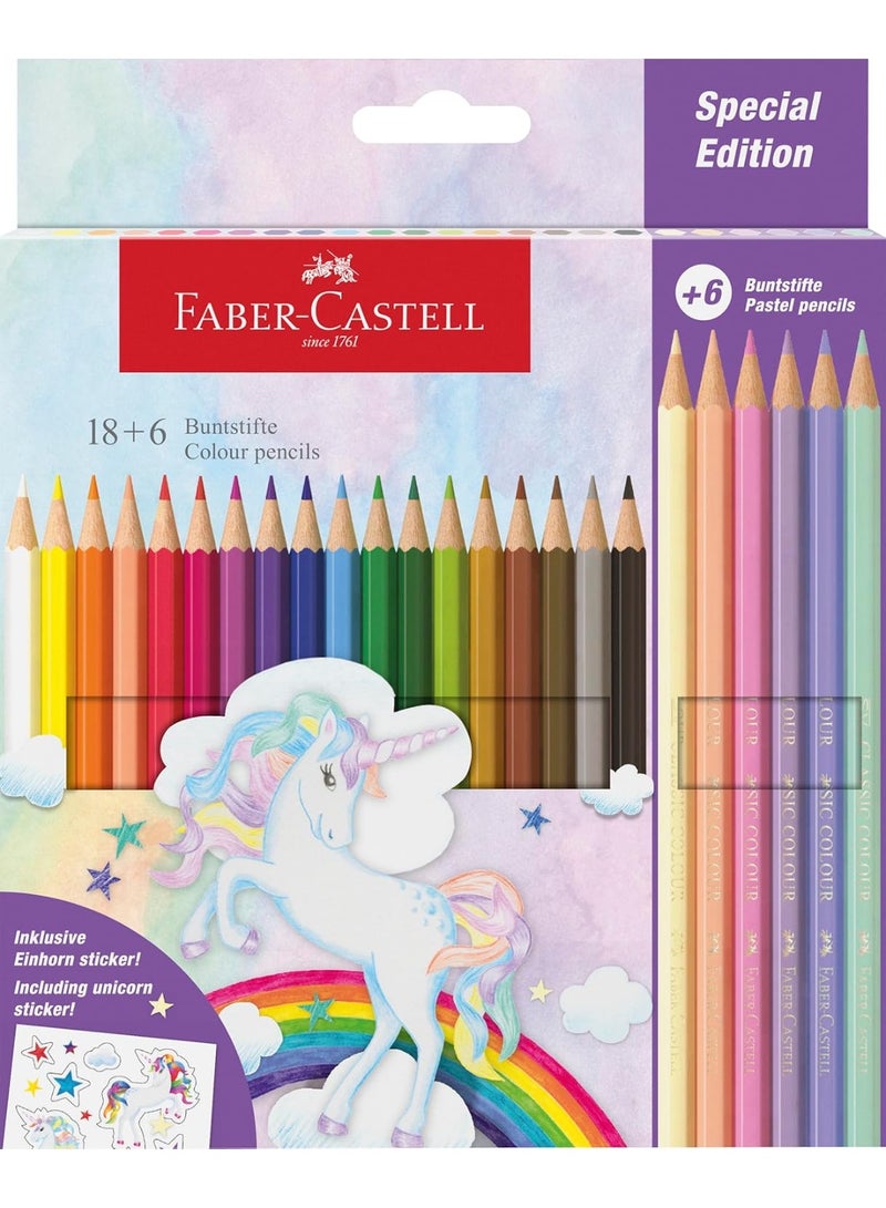FABER-CASTELL Faber Castell-Special Edition Unicorn 18 Colour Pencils + 6 Pastel pencils Includes Unicorn Sticker - Image 1